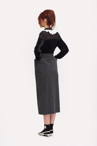 Pinstripe Midi Skirt With Front Slit Black - Julia Allert