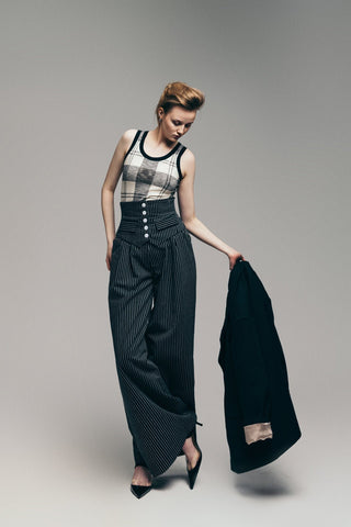 Pinstripe Statement Buttoned Trousers Black - Julia Allert
