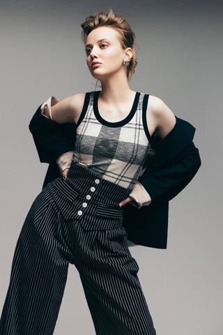 Pinstripe Statement Buttoned Trousers Black - Julia Allert