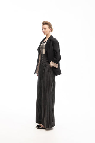 Pinstripe Statement Buttoned Trousers Black