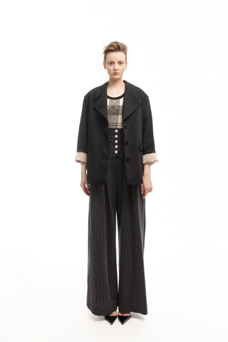 Pinstripe Statement Buttoned Trousers Black