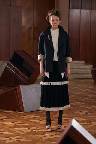 Pleated A-Line Skirt With Fringe Detail Black - Julia Allert