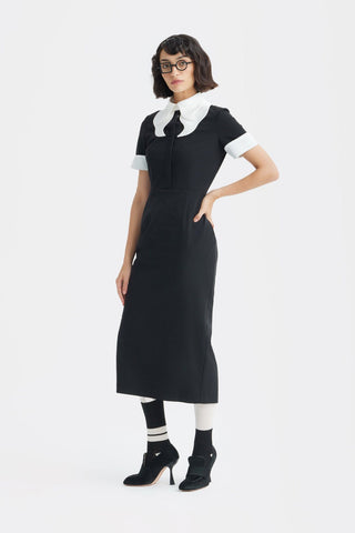 Polished Fitted Midi Short Sleeve Dress - Black - Julia Allert