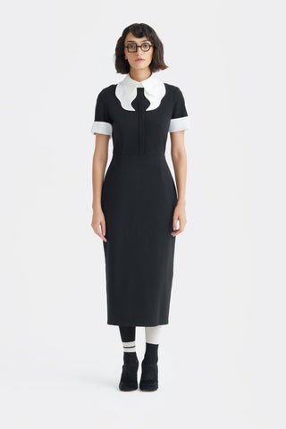 Polished Fitted Midi Short Sleeve Dress - Black