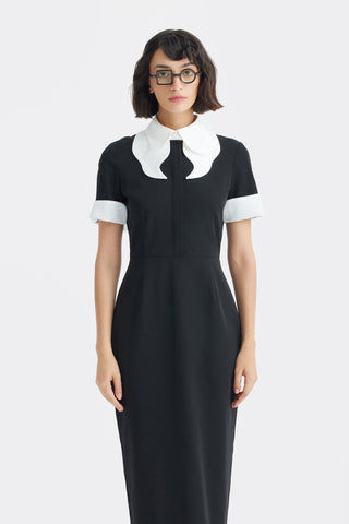 Polished Fitted Midi Short Sleeve Dress - Black