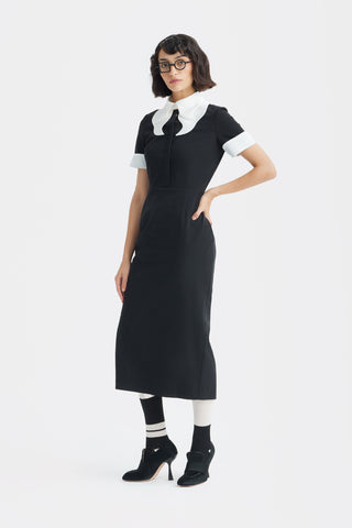 Polished Fitted Midi Short Sleeve Dress - Black