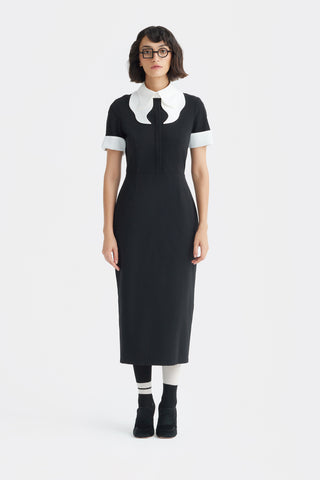 Polished Fitted Midi Short Sleeve Dress - Black