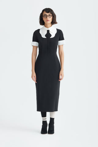 Polished Fitted Midi Short Sleeve Dress - Black