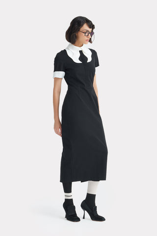 Polished Fitted Midi Short Sleeve Dress - Black