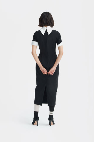 Polished Fitted Midi Short Sleeve Dress - Black