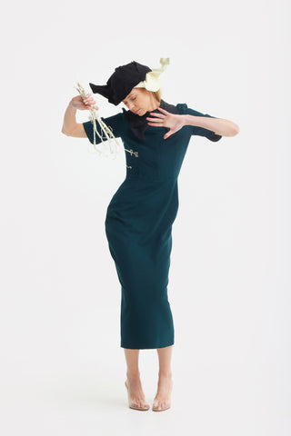 Polished Fitted Midi Short Sleeve Dress - Green