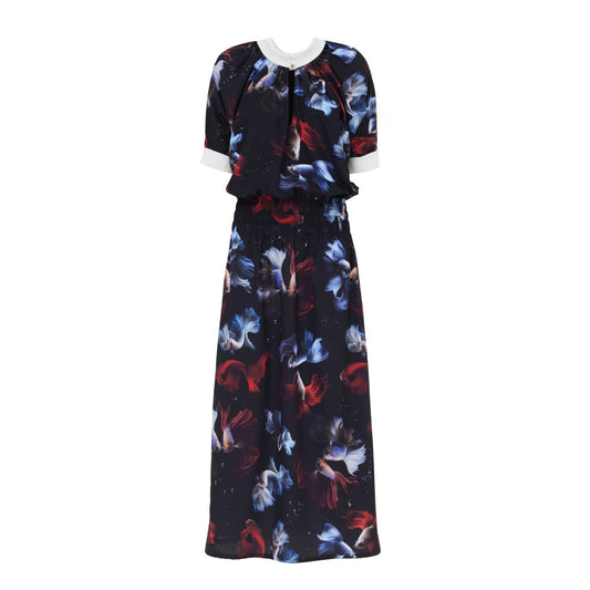 Printed Ankle-Length Dress With Elastic Waistband Black