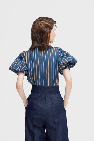 Puff Short-Sleeve Blouse Striped Blue