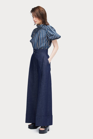 Puff Short-Sleeve Blouse Striped Blue