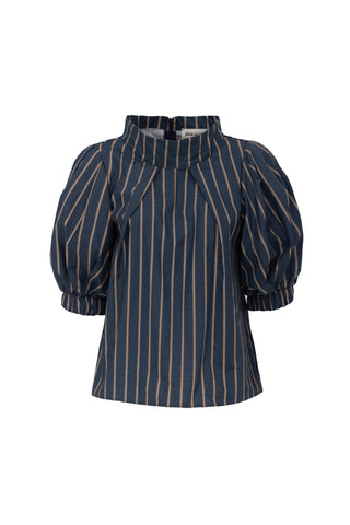 Puff Short-Sleeve Blouse Striped Blue