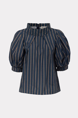 Puff Short-Sleeve Blouse Striped Blue