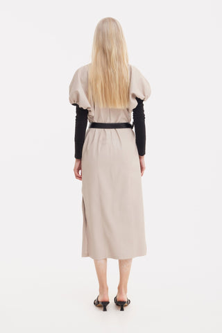 Puff Sleeve Faux Leather Midi Dress – Beige - Julia Allert
