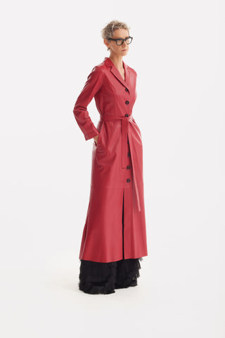 Red Long Button-Up Eco-Leather Trench