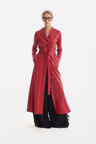 Red Long Button-Up Eco-Leather Trench