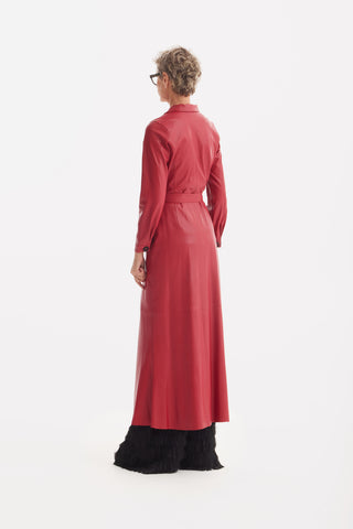 Red Long Button-Up Eco-Leather Trench