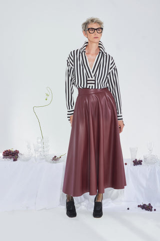 Full Flare High Waist Faux Leather Skirt - Burgundy