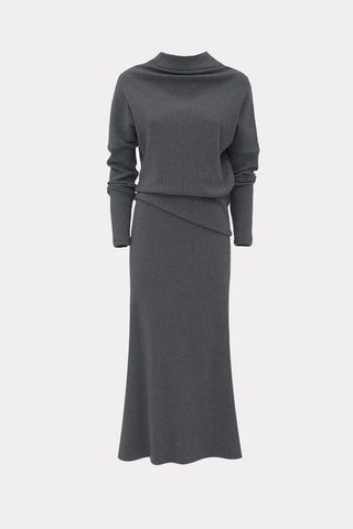 Rib Knit Suit Asymmetric Blouse & Basic Skirt Dark Grey