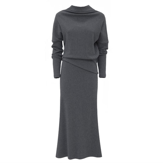 Rib Knit Suit Asymmetric Blouse & Basic Skirt Dark Grey