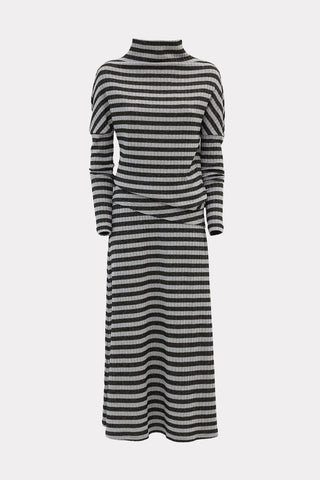 Rib Knit Suit Asymmetric Blouse & Basic Skirt Striped Lurex