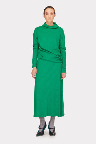 Rib Knit Suit Asymmetric Blouse & Basic Skirt Bright Green