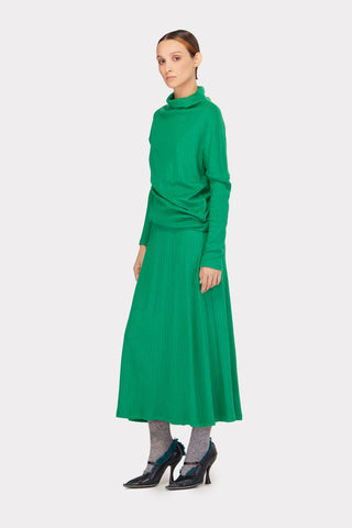 Rib Knit Suit Asymmetric Blouse & Basic Skirt Bright Green