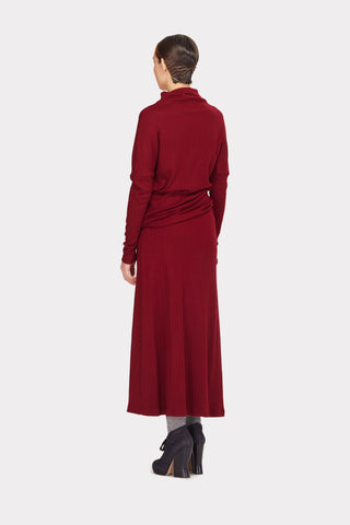 Rib Knit Suit Asymmetric Blouse & Basic Skirt Burgundy