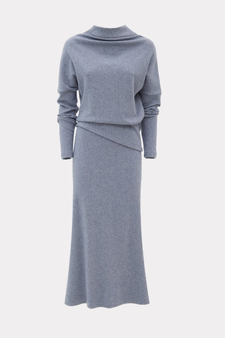 Rib Knit Suit Asymmetric Blouse & Basik Skirt Grey & Blue