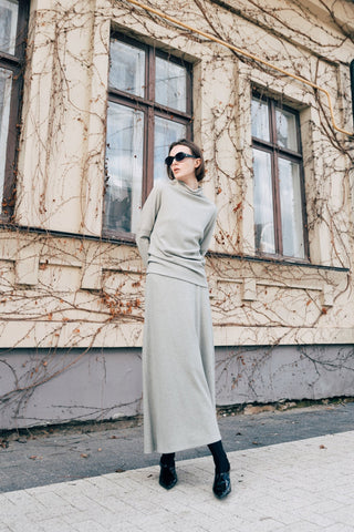 Rib Knit Suit Asymmetric Blouse & Basik Skirt Grey & Green - Julia Allert