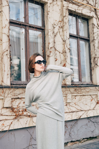 Rib Knit Suit Asymmetric Blouse & Basik Skirt Grey & Green - Julia Allert