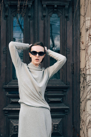 Rib Knit Suit Asymmetric Blouse & Basik Skirt Grey & Green - Julia Allert