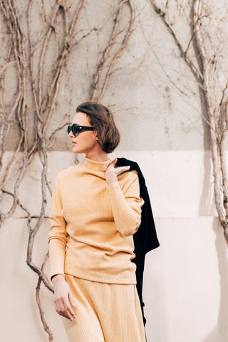 Rib Knit Suit Asymmetric Blouse & Basik Skirt Yellow & Orange - Julia Allert