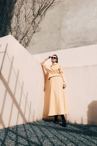 Rib Knit Suit Asymmetric Blouse & Basik Skirt Yellow & Orange - Julia Allert