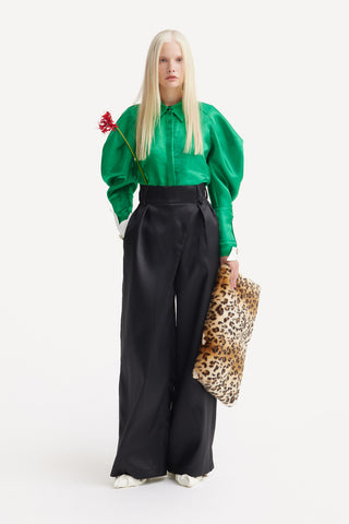 Romantic Silk Organza Blouse With Balloon Sleeves – Bright Green