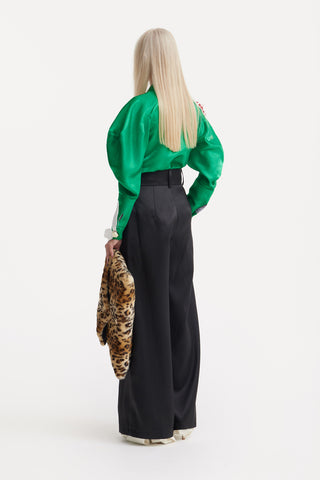 Romantic Silk Organza Blouse With Balloon Sleeves – Bright Green