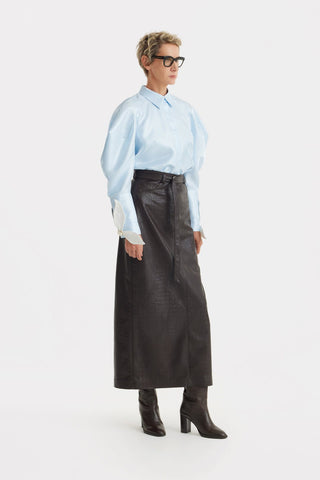 Romantic Silk Organza Blouse With Balloon Sleeves – Light Blue - Julia Allert