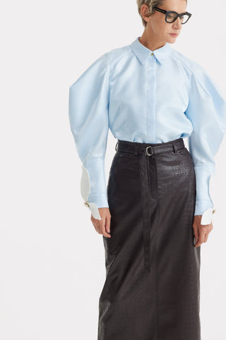 Romantic Silk Organza Blouse With Balloon Sleeves – Light Blue - Julia Allert