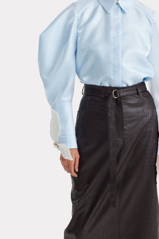 Romantic Silk Organza Blouse With Balloon Sleeves – Light Blue - Julia Allert