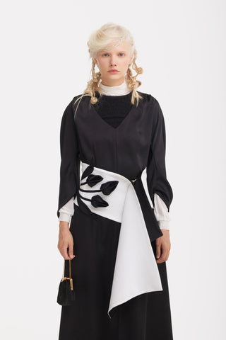 Satin Ankle-Length Dress With Belt - Black - Julia Allert