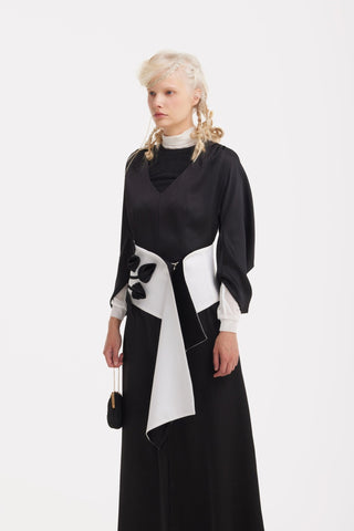 Satin Ankle-Length Dress With Belt - Black - Julia Allert
