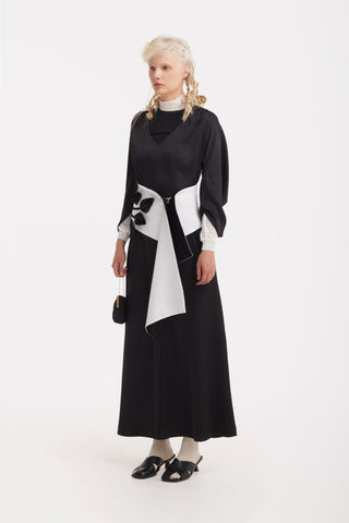 Satin Ankle-Length Dress With Belt - Black - Julia Allert
