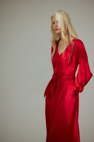 Satin Ankle-Length Dress With Belt - Red - Julia Allert
