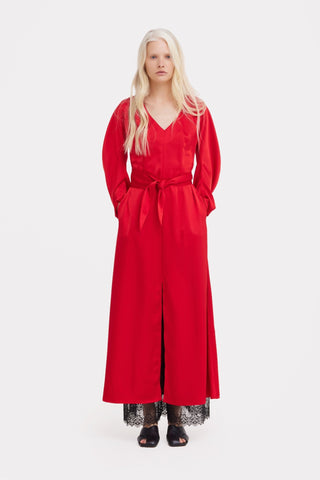 Satin Ankle-Length Dress With Belt - Red - Julia Allert
