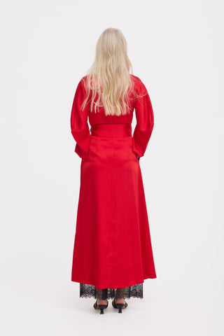 Satin Ankle-Length Dress With Belt - Red - Julia Allert