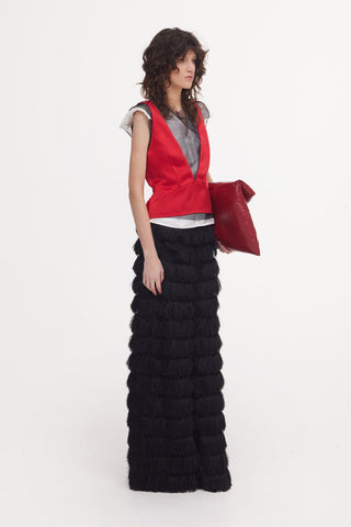 Satin Blouse With Mesh And Shoulder Pads Red - Julia Allert