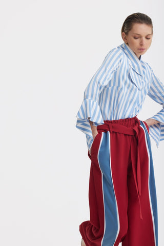 Satin Striped Blouse With Asymmetric Collar - Light Blue - Julia Allert